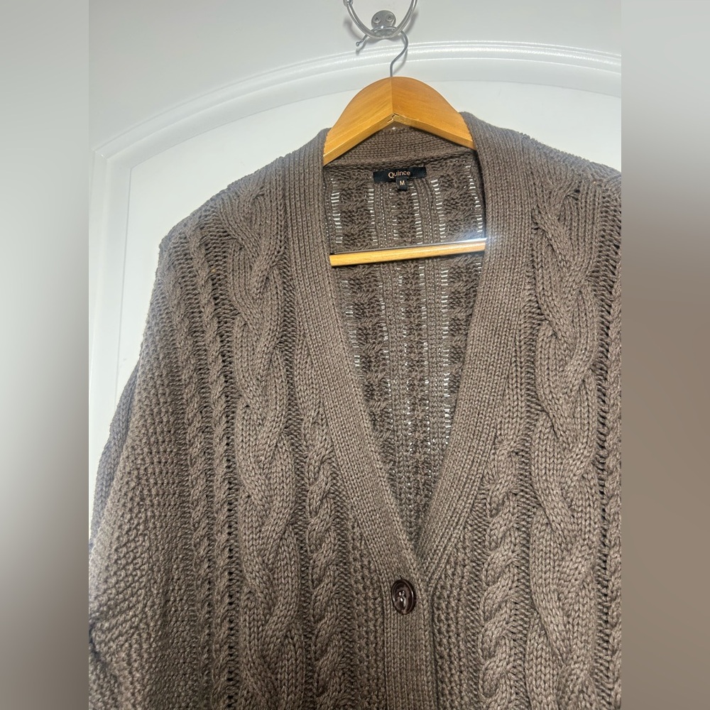 Quince Organic Cotton Oversized Cable Knit Cardigan Brown Size M 90s chic cozy - Picture 8 of 15